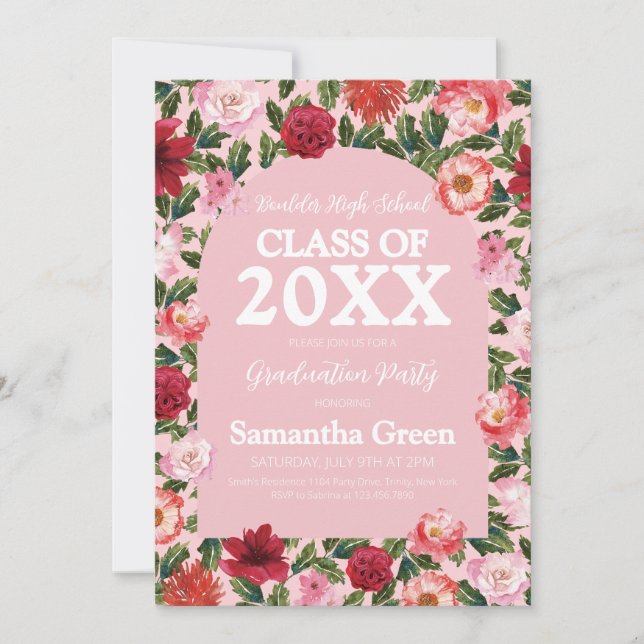 Pink and Red Floral Graduation Invitation (Front)