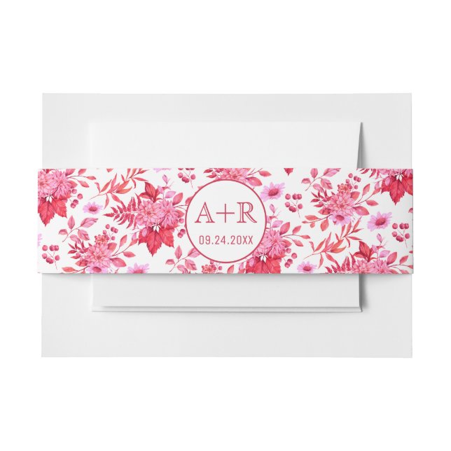 Pink and red floral pattern initials wedding invitation belly band (Front Example)