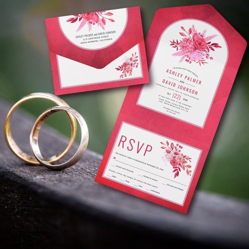 Pink and red flowers and arch wedding all in one invitation