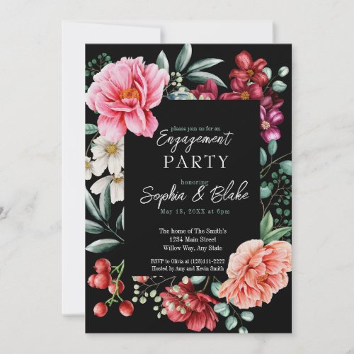 Pink and Red Flowers   Black Engagement Party Invitation