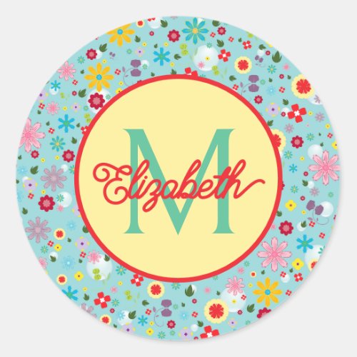 Pink and Red Flowers on Teal Monogram Classic Round Sticker