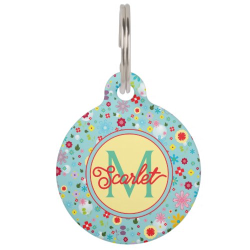 Pink and Red Flowers on Teal Monogram Pet ID Tag