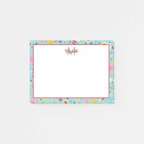 Pink and Red Flowers on Teal Monogram Post_it Notes