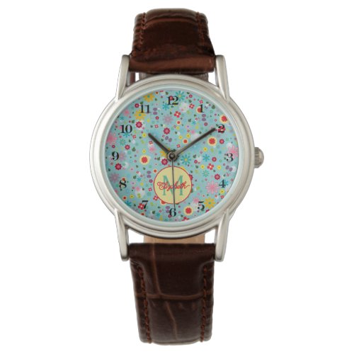 Pink and Red Flowers on Teal Monogram Watch