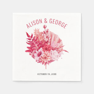 Pink and red flowers, palm leaf wedding napkins