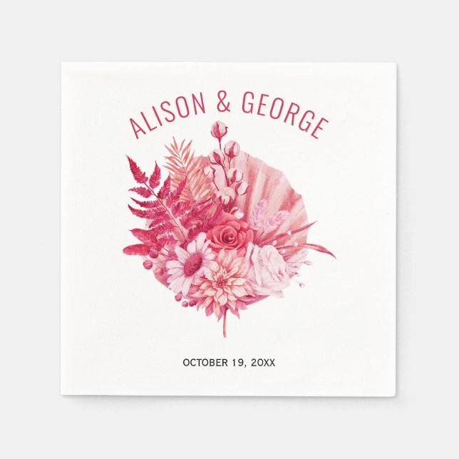 Pink and red flowers, palm leaf wedding napkins (Front)