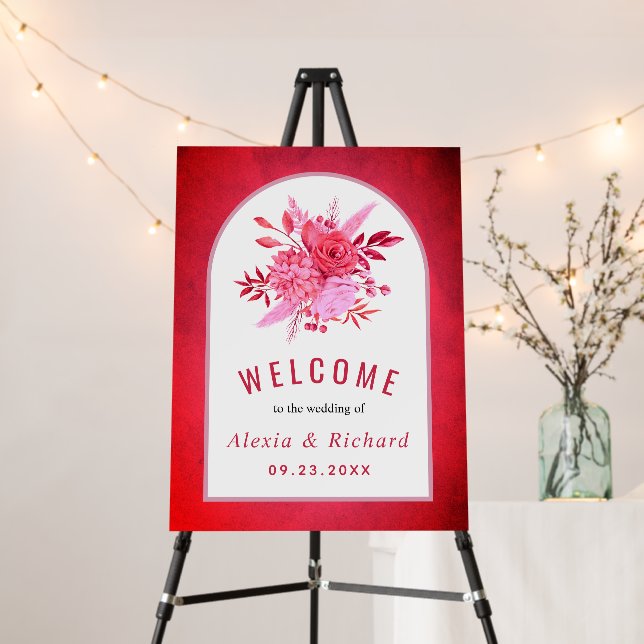 Pink and red flowers wedding welcome sign (In Situ (Stand))