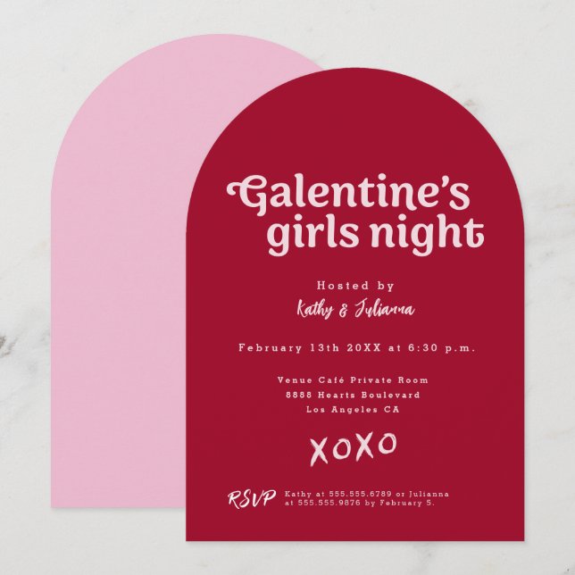 Pink and Red Galentine's Girls Night Party Modern  Invitation (Front/Back)