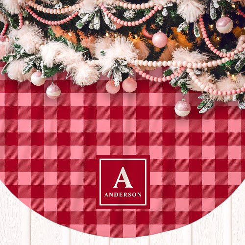 Pink And Red Gingham Plaid Monogram Brushed Polyester Tree Skirt