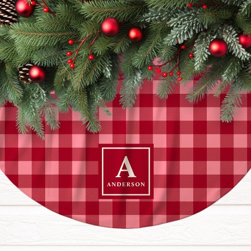Pink And Red Gingham Plaid Monogram Brushed Polyester Tree Skirt
