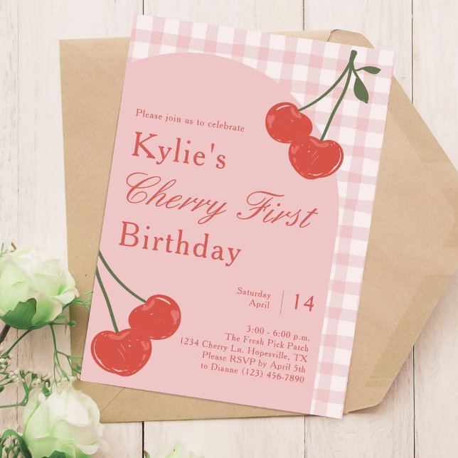 Pink and Red Girl's Cherry First Birthday Invitation (Creator Uploaded)