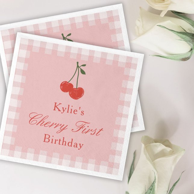 Pink and Red Girl's Cherry First Birthday Napkins (Creator Uploaded)