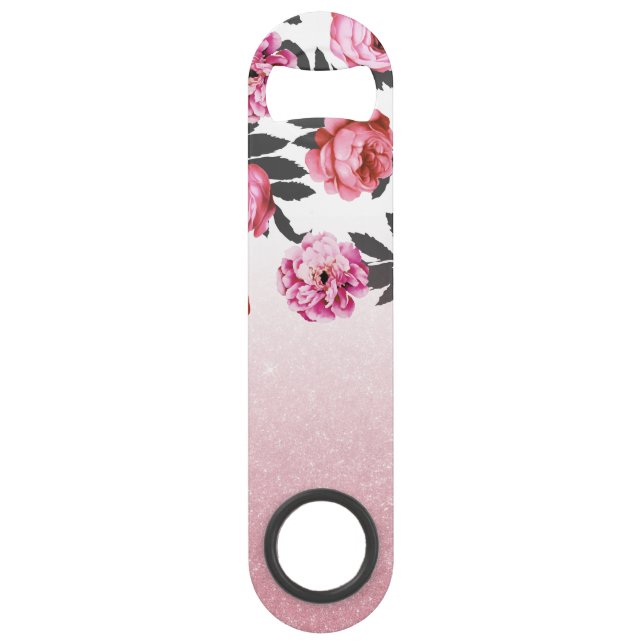 Pink and Red Girly Rose Flowers and Glitter Ombre Bar Key (Back)