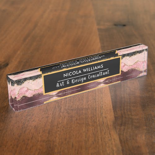 Pink and Red Glitter Marble Agate Desk Name Plate