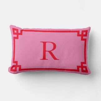 Pink and Red Greek Key Monogram Lumbar Pillow