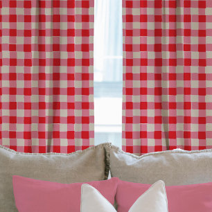 Pink and Red Hand-Drawn Checkered Plaid Sheer Curtains