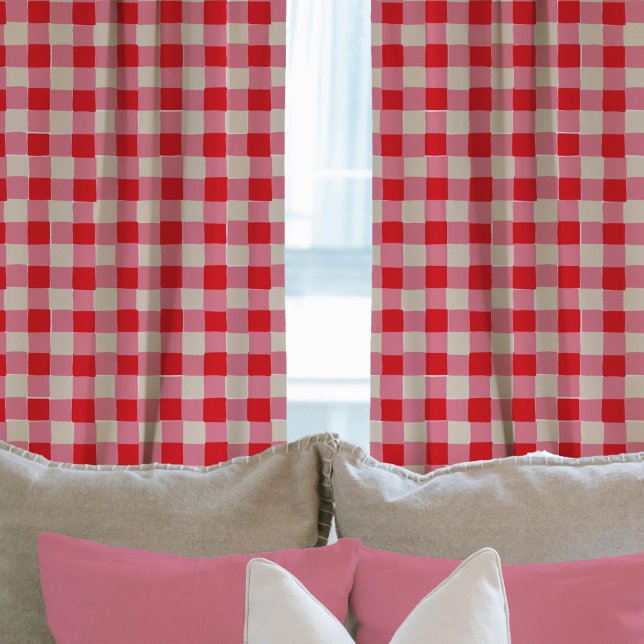 Pink and Red Hand-Drawn Checkered Plaid  Sheer Curtains (Pink and Red Hand-Drawn Checkered Plaid Curtains)
