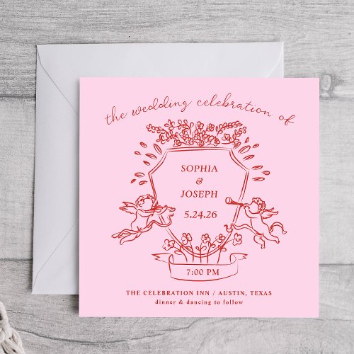Pink and Red Hand Drawn Crest with Cherubs Wedding Invitation