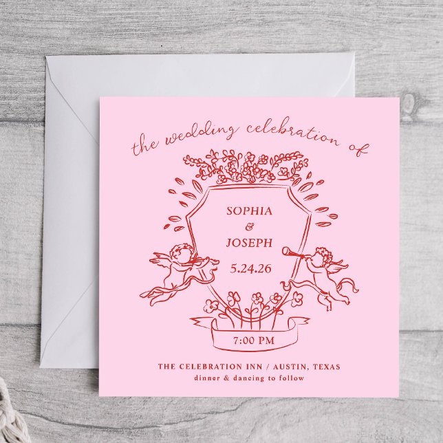 Pink and Red Hand Drawn Crest with Cherubs Wedding Invitation (Creator Uploaded)