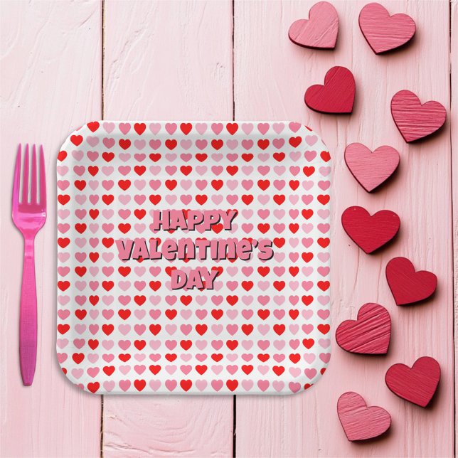 Pink and Red Happy Valentine’s Day Heart Pattern Paper Plates (Creator Uploaded)