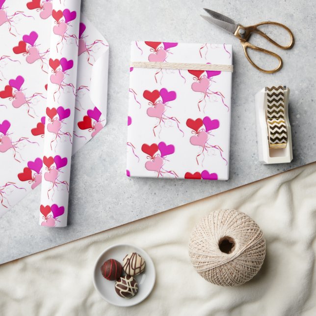Pink and Red Heart Balloons On White Wrapping Paper (Crafts)