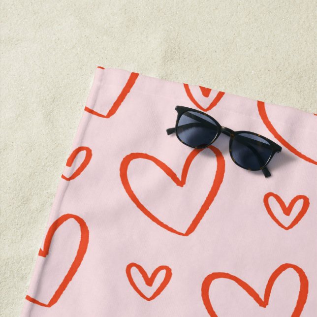 Pink and red heart pattern beach towel (In Situ)