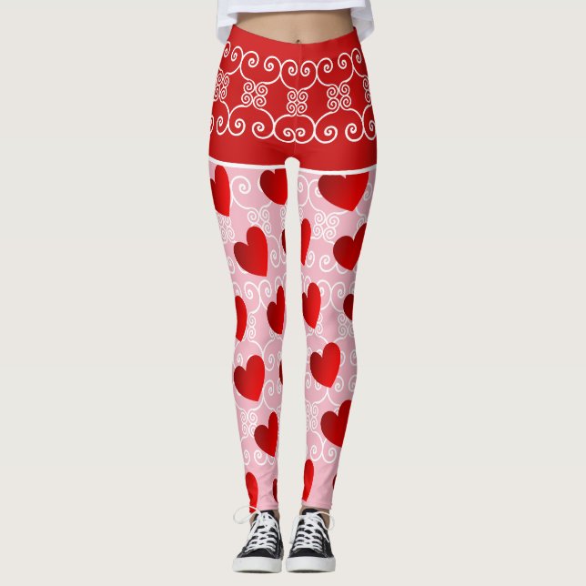 Pink and Red Heart & Scroll Leggings (Front)