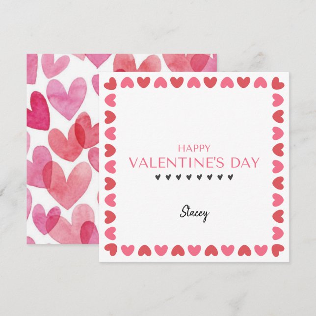 Pink and Red Heart Square Valentine Card (Front/Back)