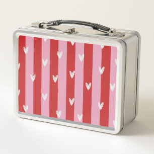 Pink and red, heart striped metal lunch box