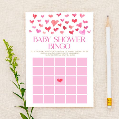 Pink and Red Hearts Bingo Baby Shower Game Stationery