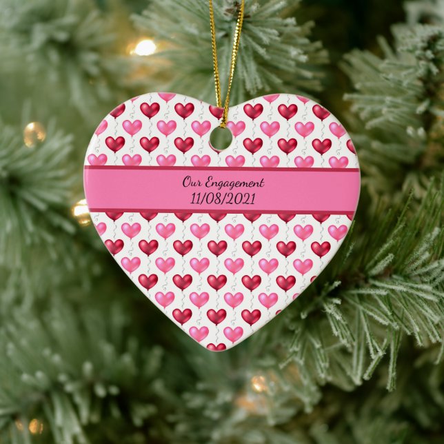 Pink and Red Hearts Engagement Wedding Christmas Ceramic Ornament (Tree)