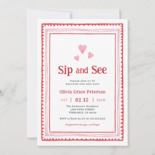 Pink and Red Hearts New Baby Sip and See Invitation
