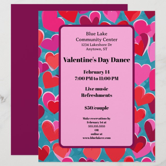 Pink and Red Hearts on Blue Valentine Dance Letterhead (Front/Back)