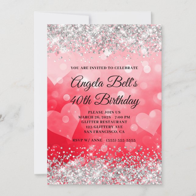Pink and Red Hearts Silver Glitter 40th Birthday Invitation (Front)