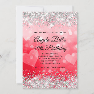 Pink and Red Hearts Silver Glitter 40th Birthday Invitation