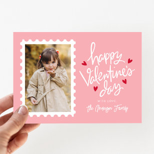 Pink and Red Hearts Stamp Photo Valentine's Day Holiday Card