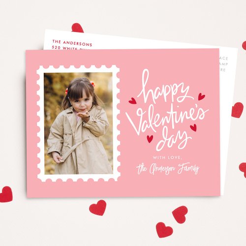 Pink and Red Hearts Stamp Photo Valentines Day Holiday Postcard
