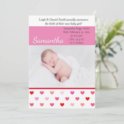 Pink and Red Hearts Valentine Photo Birth Announcement