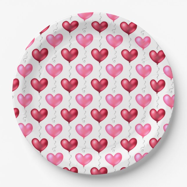 Pink and Red Hearts Valentine's Day Love Paper Plates (Front)