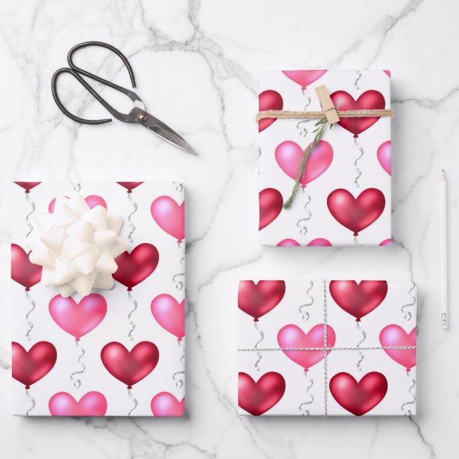 Pink and Red Hearts Valentine's Day Wedding Wrapping Paper Sheets (Front)