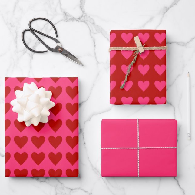 Pink and Red Hearts w/ Valentine Pink Wrapping Paper Sheets (Front)