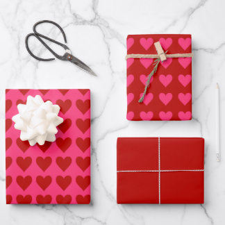 Pink and Red Hearts w/ Valentine Red Solid Wrapping Paper Sheets