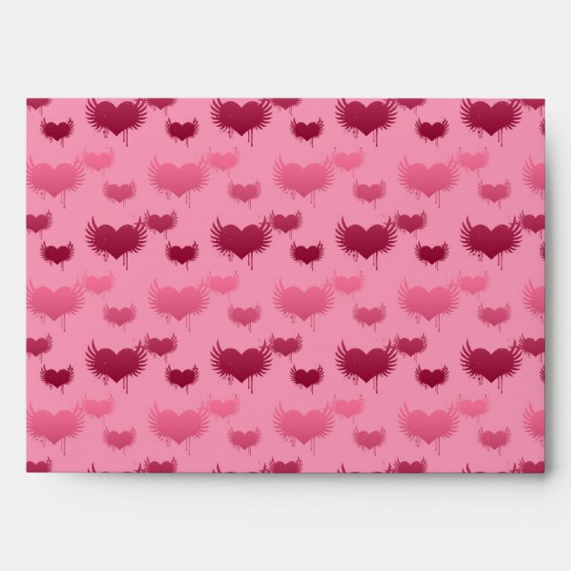 Pink and Red Hearts with Wings Pattern Envelope (Front)