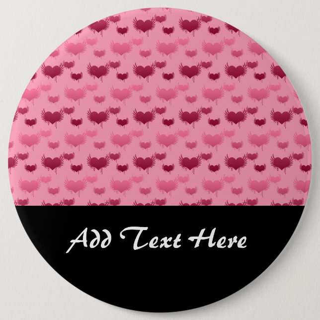 Pink and Red Hearts with Wings Pattern Pinback Button (Front)