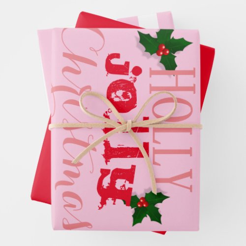 Pink And Red Holly Jolly Christmas Wrapping Paper Sheets