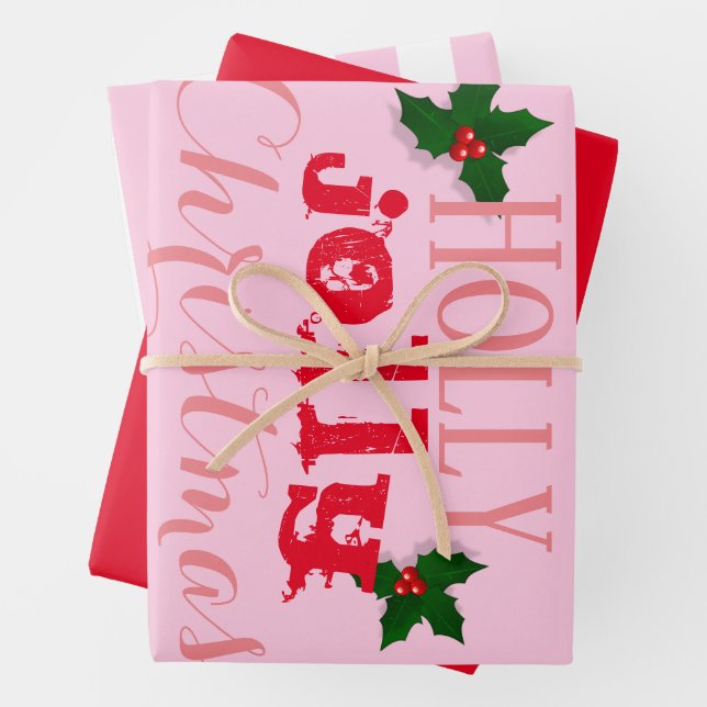 Pink And Red Holly Jolly Christmas Wrapping Paper Sheets (In situ)