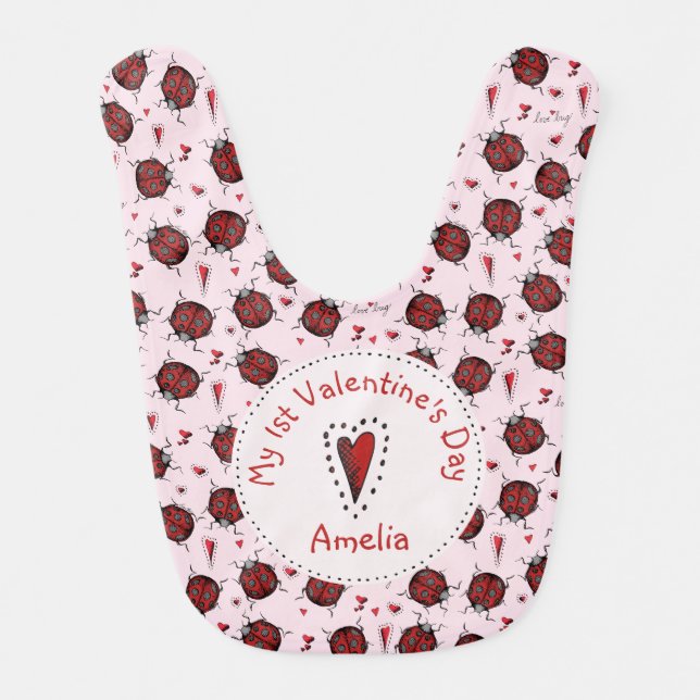 Pink and Red Ladybug My First Valentine Love Bug Baby Bib (Front)