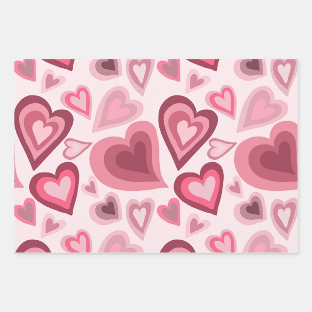 Pink and Red Layered Heart Pattern Wrapping Paper Sheets (Front)