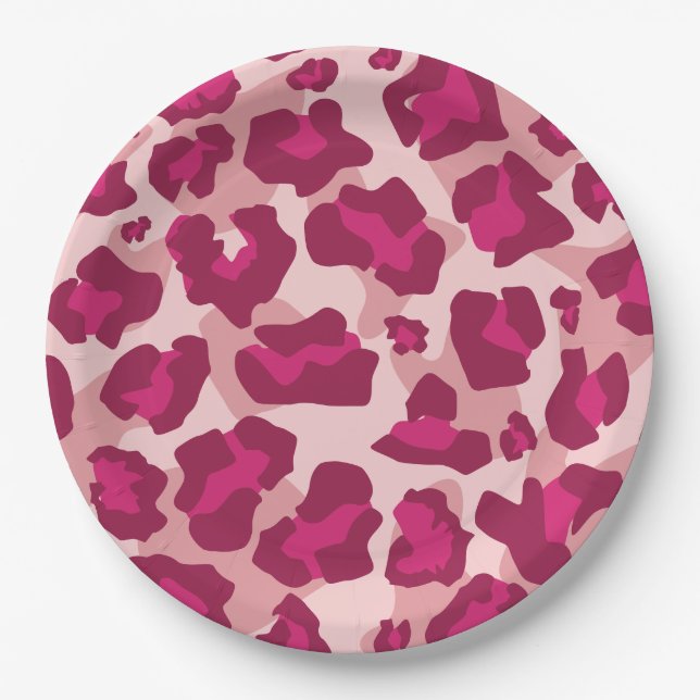 Pink and red leopard animal print paper plates (Front)