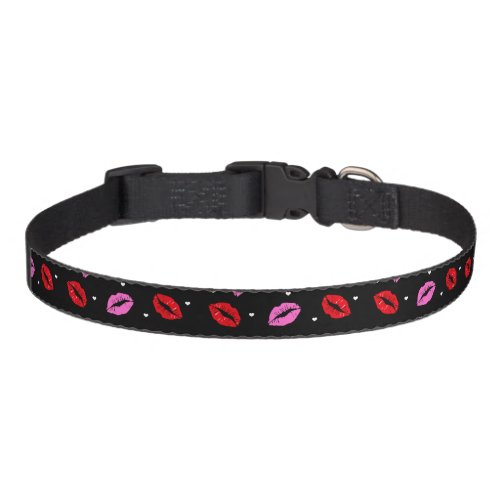 Pink and Red Lips Hearts BLK Dog Collar SM MD LG